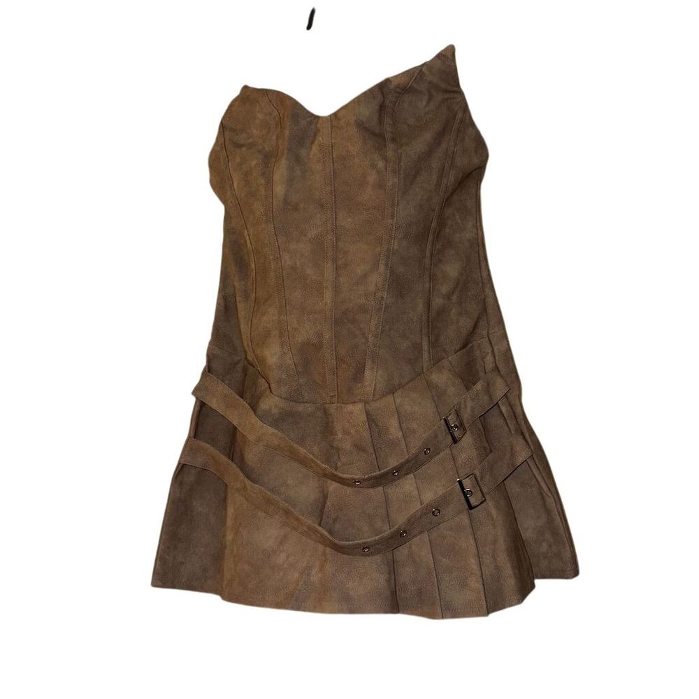 PrettyLittleThing Petite Brown Faux Suede Buckle Corset Mini Dress‎ US 6 NEW